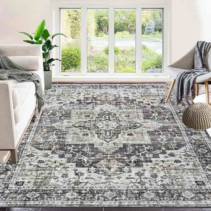 Area Rug 7.9 x 9.9 Grey, Machine Washable, Non-Shedding, Anti-Slip, Vintage Floral, Boho Design, Soft, Comfortable, Low Pile, Rectangular, Indoor, Bedroom