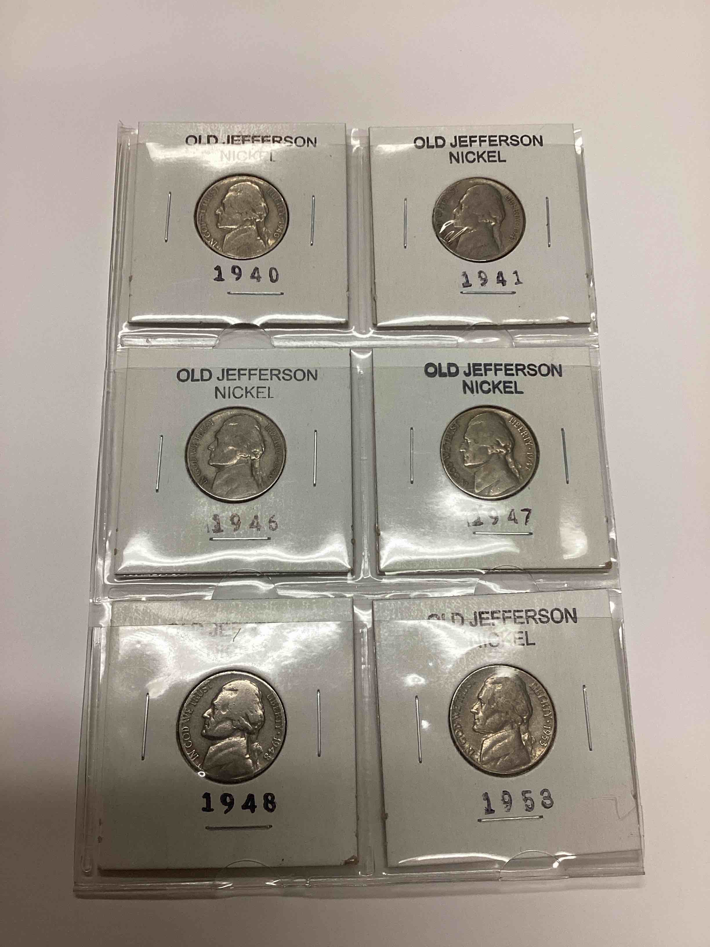 6 Old Jefferson Nickel Years Including 1940, 1941, 1946, 1947, 1948 and 1953. 