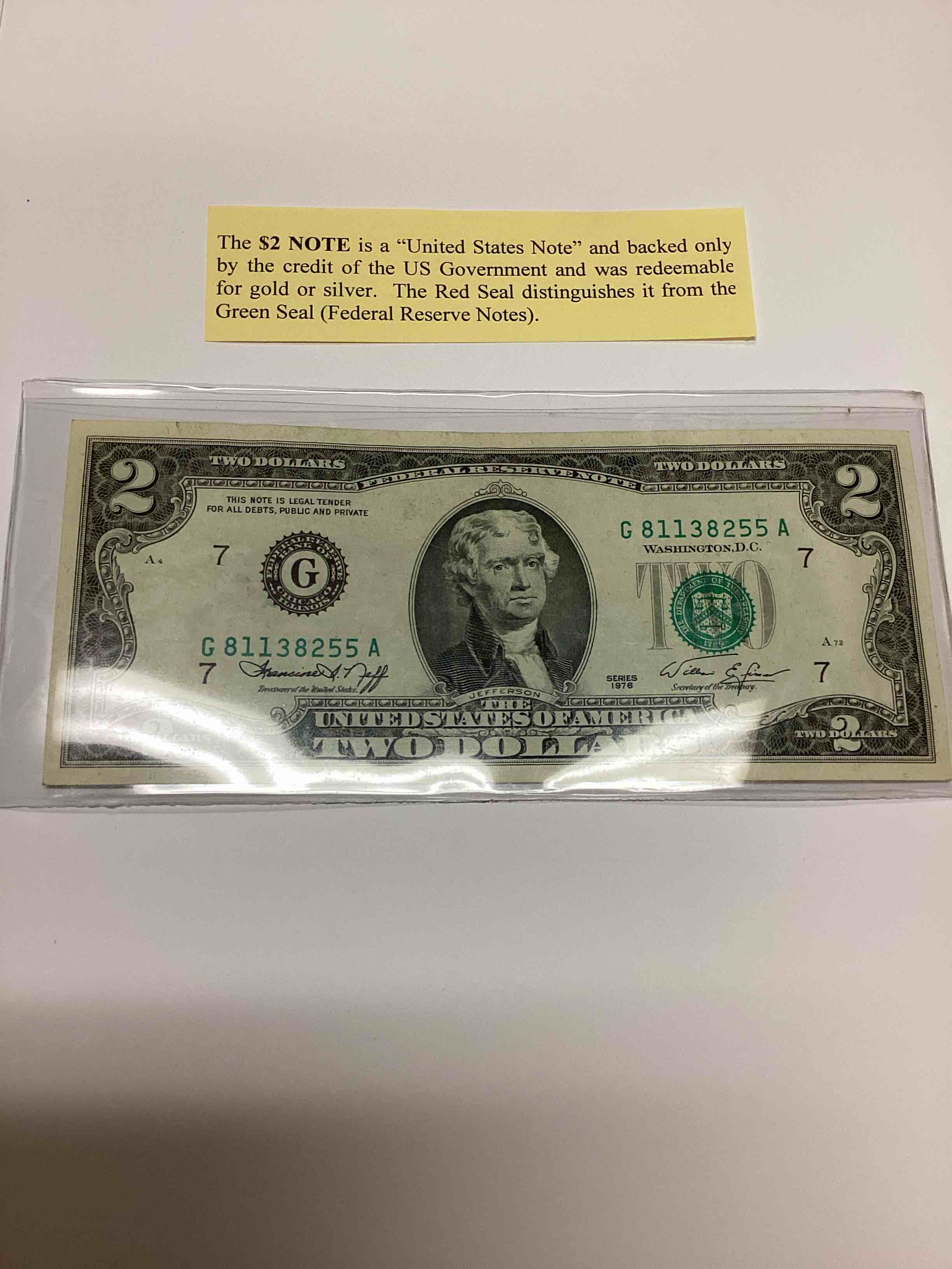 $2 Note. The Red Seal Distinguishes it from the Green Seal (Federal Reserve Notes)