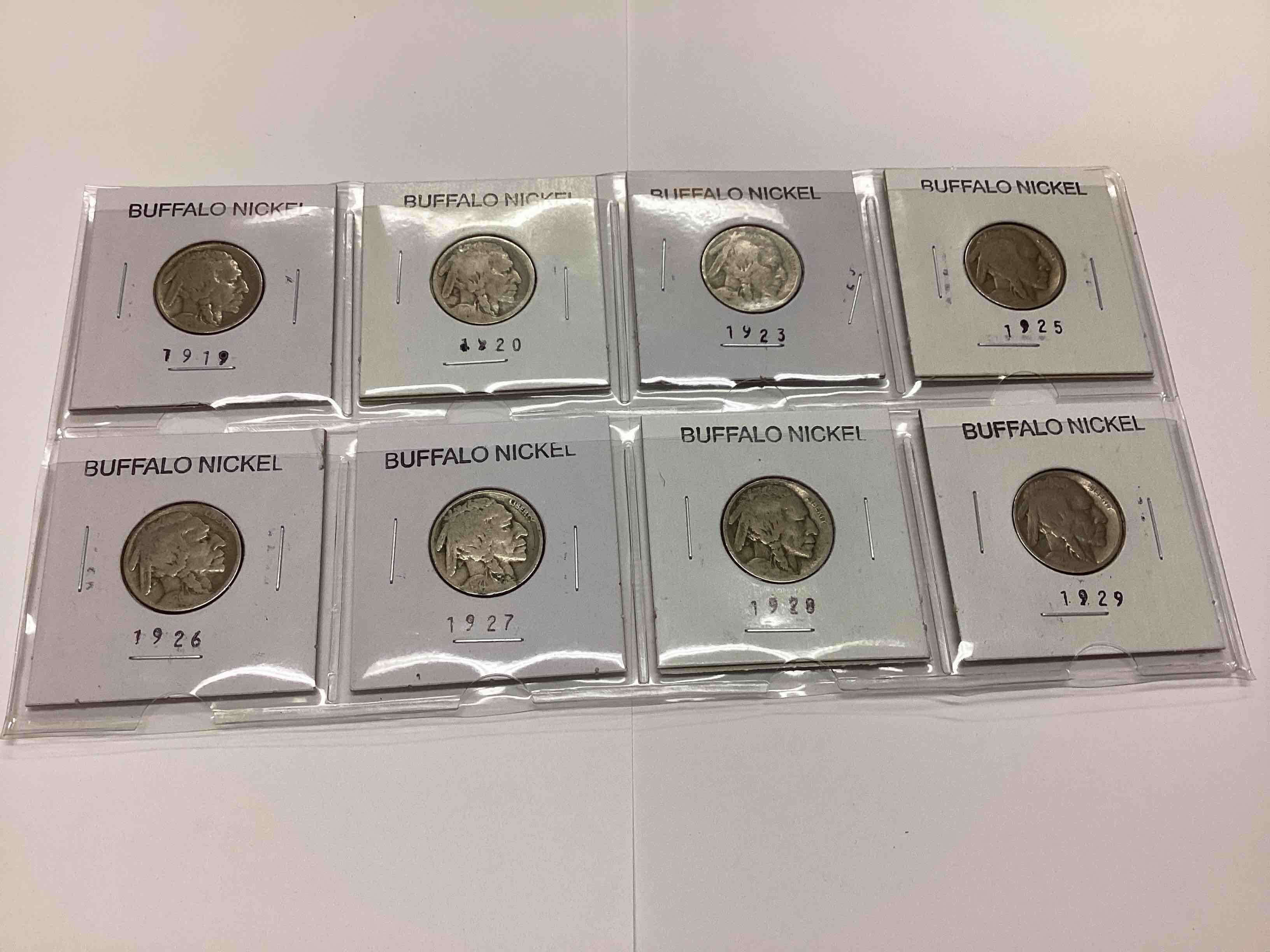 8 Bufflao Nickel Years Including 1919, 1920, 1923, 1925, 1926, 1927, 1928 and 1929.  