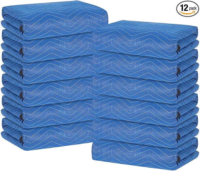 Diamond UP 12 Moving Blankets, Extra Large Moving Blanket for Furniture, Professional Quilted Furniture Shipping and Storage Pads, 80" x 72", Blue and Black(12 Packs)