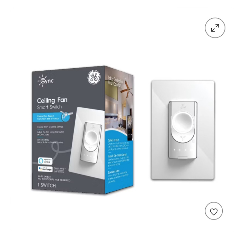 GE CYNC Smart Ceiling Fan Control, Neutral Wire Required, Bluetooth and 2.5 GHz Wi-Fi 4-Wire Smart Switch, Works with Amazon Alexa and Google Home, White