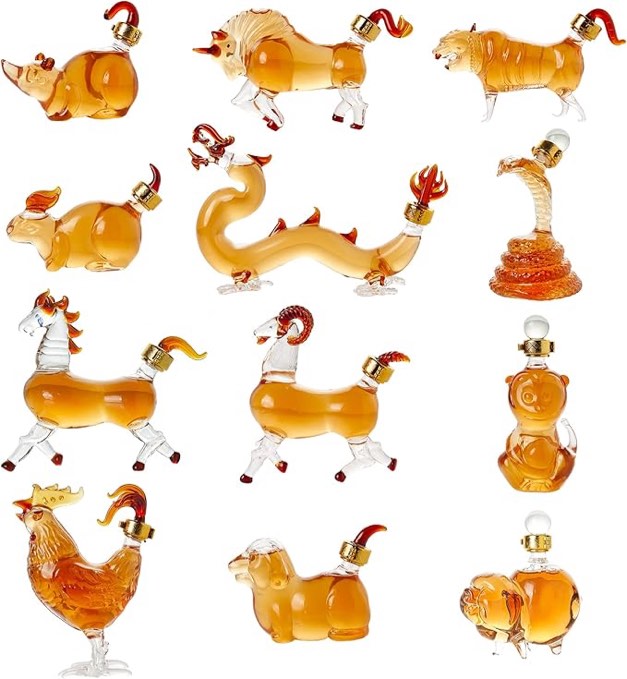 12 Chinese Zodiac Wine & Whiskey Decanter Set | Set of 12 Miniature Hand Blown Decanters | New Year Table Decoration, Constellation Glassware, Personalized Animal Red Wine Carafe Gift 150 ML