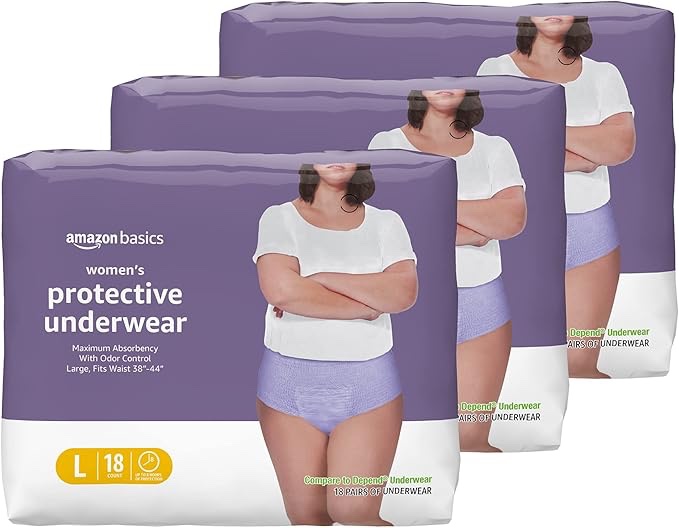 Amazon Basics Ropa interior protectora para mujer, incontinencia y posparto, máxima absorción, L, lavanda, 54 unidades, (3 paquetes de 18)