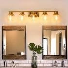 Wanluce 5 Light Bathroom Vanity Lights Brushed Brass Bathroom Lighting Fixtures over Mirror with Clear Glass Shade, Vintage Gold Vanity Light For Bathoom, Modern Bathroom Wall Vanity Lighting Fixtures