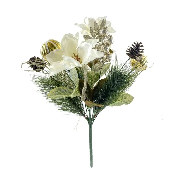 Mainstays 18" White Magnolia Champagne Gold Ornament Artificial Flower Bouquet(pack 3)