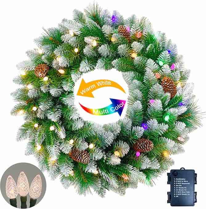 Assilyraft 26 inches Pre-lit Artificial Christmas Wreath with Red Berries, Pine Cones, 40 C3 Dual-Color Multi-Functional Battery Operated LED Lights with Timer