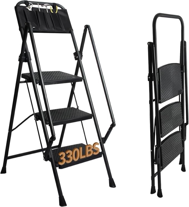 LEADALLWAY 3 Step Ladder with Handrails Lightweight Folding Step Stool with Detachable Tool Bag for Home, Office, Kitchen and Garage,330lbs Capacity