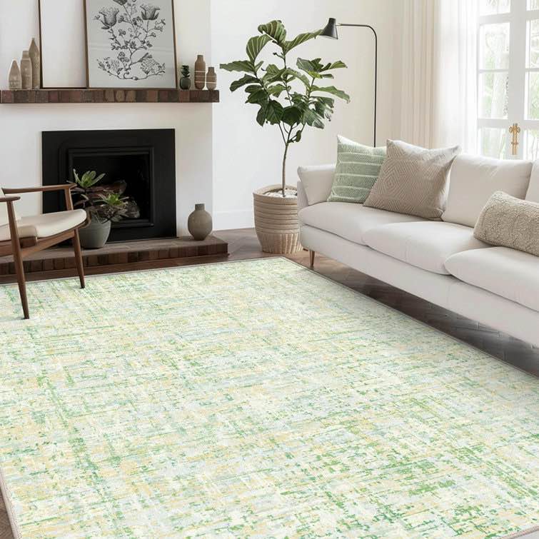 8x10 Machine Washable Rug, Large Green Abstract, Soft Low-Pile, Non-Slip