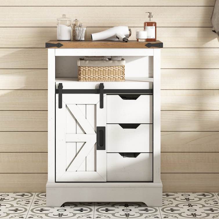 INCOMPLETE Gracie Oaks 24" Farmhouse Storage Cabinet, 3 Drawers & Adjustable Shelf, Sliding Barn Door