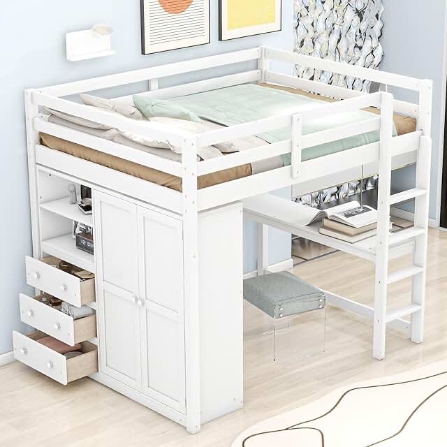 (incomplete) Versatile Wooden Loft Bed With Drawers, Desk And Shelves, A Perfect Space-Saving Solution For Kids And Teens.