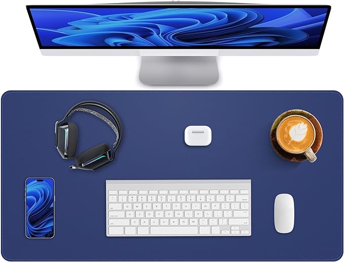 24" x 14" Leather Desk Pad - SKIDSTOP™ Ultra Smooth Executive Blotter and Protective Mat Large Mouse Pad for Office, School, Home, Remote Business – blue