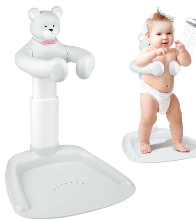 baby shower stand, adjustable anti-slip baby shower standing support, soporte para bañera de bebé, ideal gift with squeaky bear for infants 8-36 months (grey)