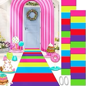 Woanger 24 Pcs Candyland Party Decorations Colorful Polyester Carpet Runner Candyland Runway Rug Sweet Candy Balloons and Balloon Stick Stand with Tape for Birthday Party Supply