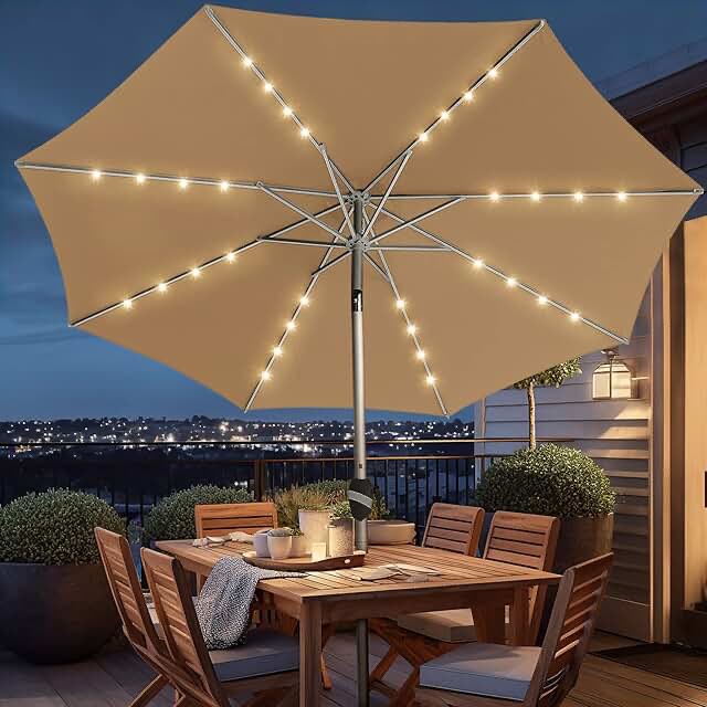 BLUU 10 Ft Patio Umbrella with Solar LED Lights, 5-Year Fade-Resistant Aluminum Outdoor Table Umbrella with Tilt Adjustment and Crank for Pool, Deck, Garden and Lawn, Grey 10 FT-1 Tiers