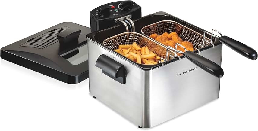 Hamilton Beach Triple Basket Electric Deep Fryer, 4.7 Quarts / 19 Cups Oil Capacity, Lid with View Window, Professional Style, 1800 Watts, Stainless Steel (35034)