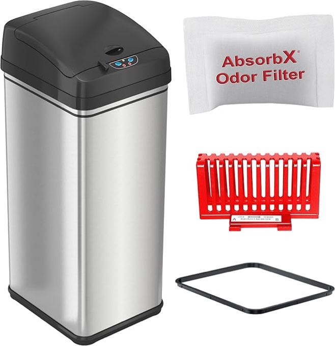 itouchless 50 liter / 13 gallon sensor 2.0 kitchen trash can with lid lock and absorbx odor filter, 