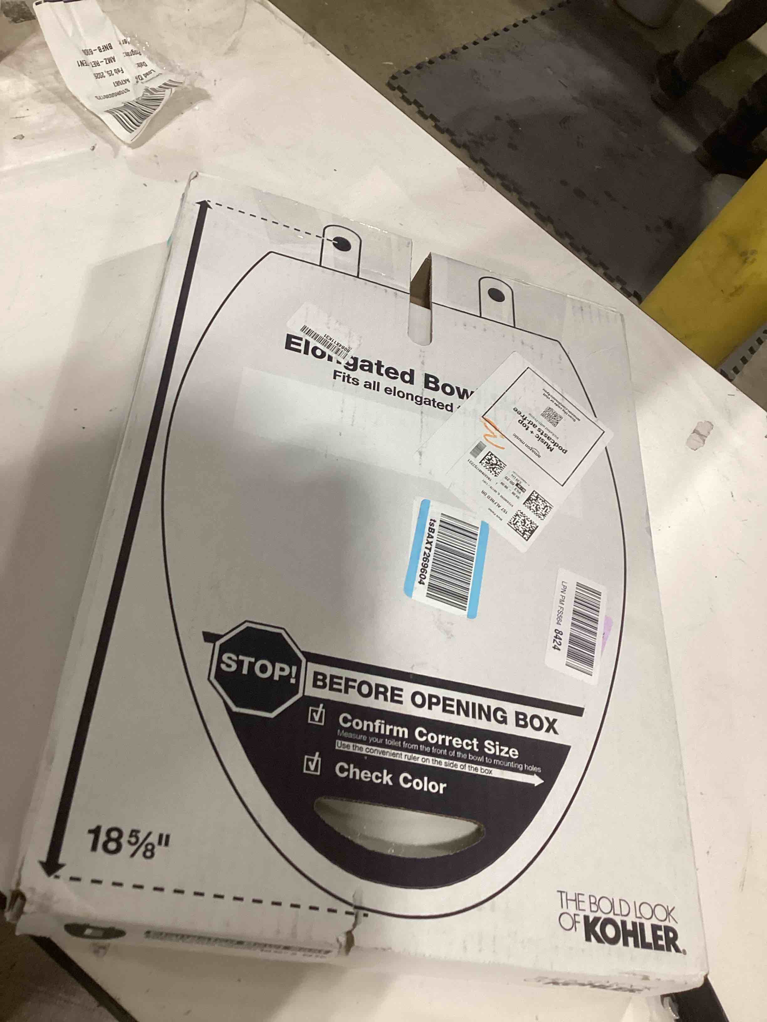 Condition photo showing As Is for KOHLER 4636-RL-0 Cachet ReadyLatch Elongated Toilet Seat Slow Close, Soft Close Toilet Seat Quiet Lid, Contoured Grip-Tight Bumpers Installation Hardware, Apartment Essentials, White White Elongated Ready Latch
