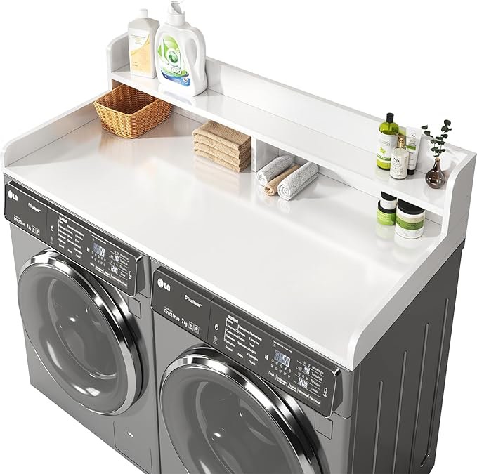 2-Tier Washer And Dryer Countertop, Laundry Countertop Cover With Non-Slip Pad,Large Space Laundry Topper For Folding Clothes Over Washer And Dryer-White