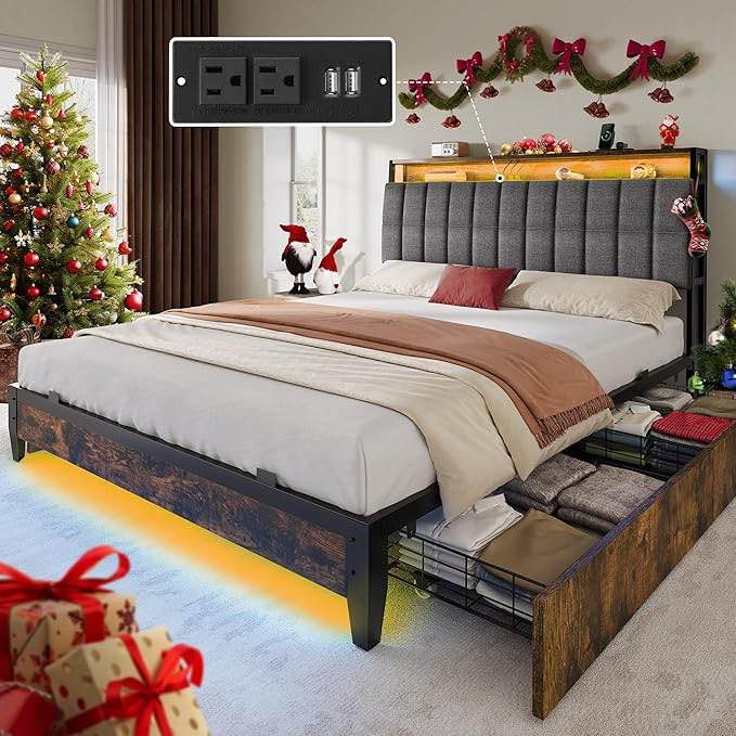 YITAHOME Full Size Bed Frame with RGB LED Lights and 4 Drawers, Upholstered Platform Bed with Charging Station and Storage Headboard, No Box Spring Needed, Noise-Free, Fast Assembly, Rustic Brown FTBFBF-8130