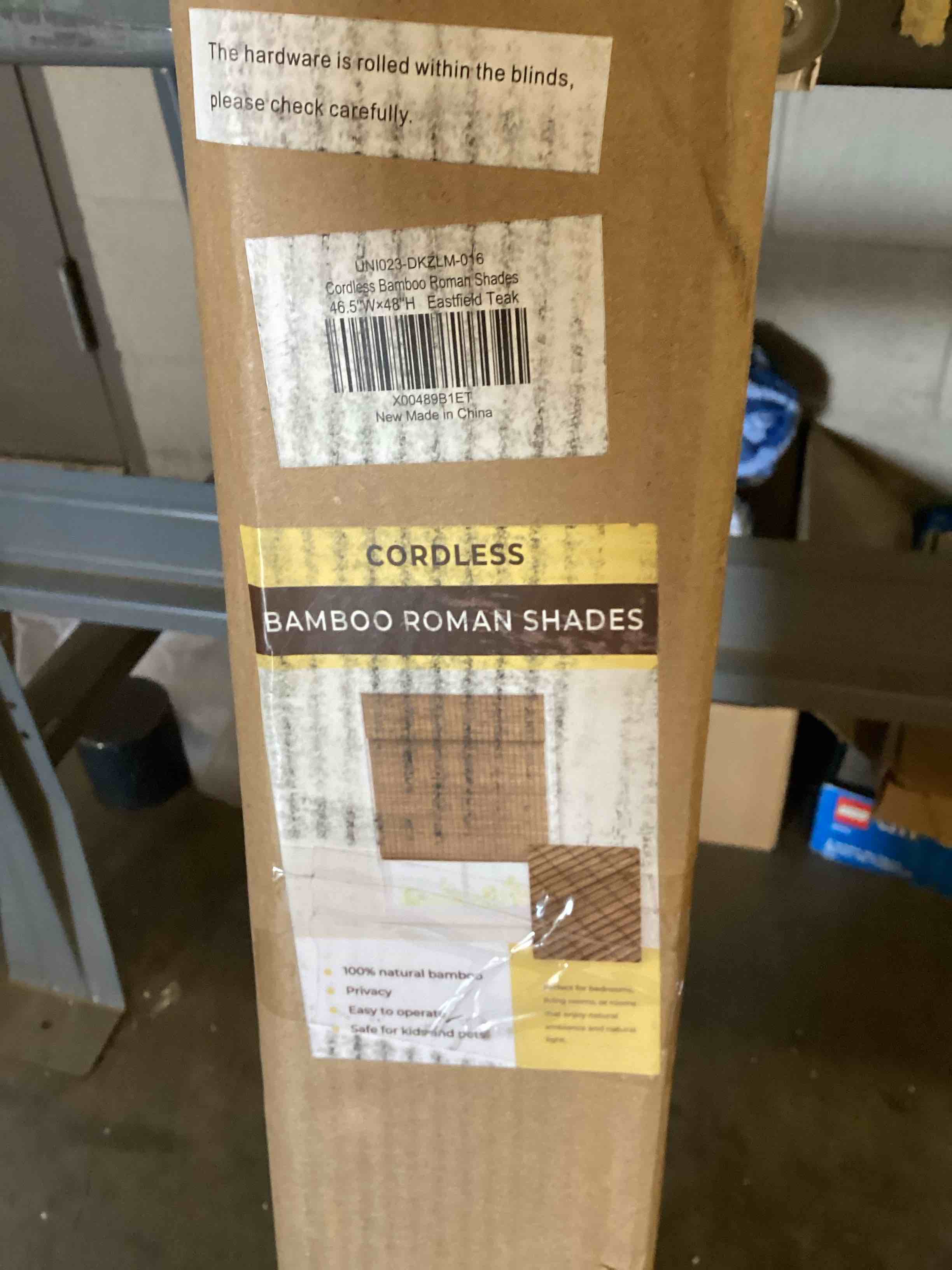 Condition photo showing As Is for Cordless Bamboo Roman Shades for Windows, Blinds Size (46.5" W ×48" H) Colour (Highfield Teak) Highfield Teak 46.5" W × 48" H