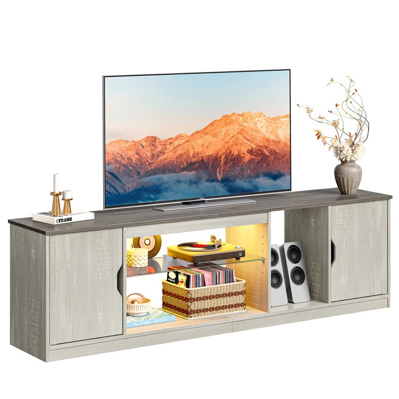Carlei 70" TV Console for 75 inch TV, LED Media Console with Adjustable Tempered Glass Shelf, Modern TV Stand with Storage Cabinet
