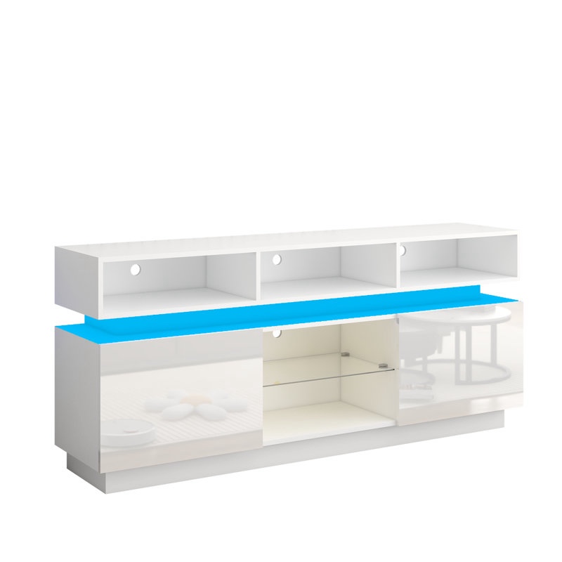 LED TV Stand for 75 Inch to 80 Inch TV, Modern Tall Entertainment Center with Storage, High Gloss Gaming TV Media Console with Glass Shelf for Living Room