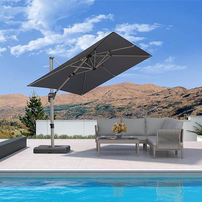 (incomplete no base) PURPLE LEAF 8' X 8' Patio Umbrella Outdoor Cantilever Umbrella, Aluminum Offset Umbrella with Champagne Frame and 360° Rotation for Pool Deck Garden, Light Grey