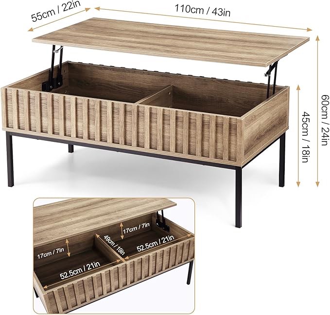 Wooden Coffee Table, Lift Top Coffee Table With Large Hidden Storage Compartment