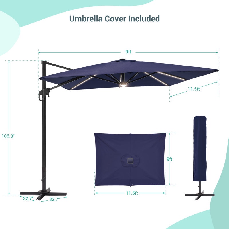 Clair 11.5' x 9' Rectangular Cantilever Umbrella with Solar LED Lights