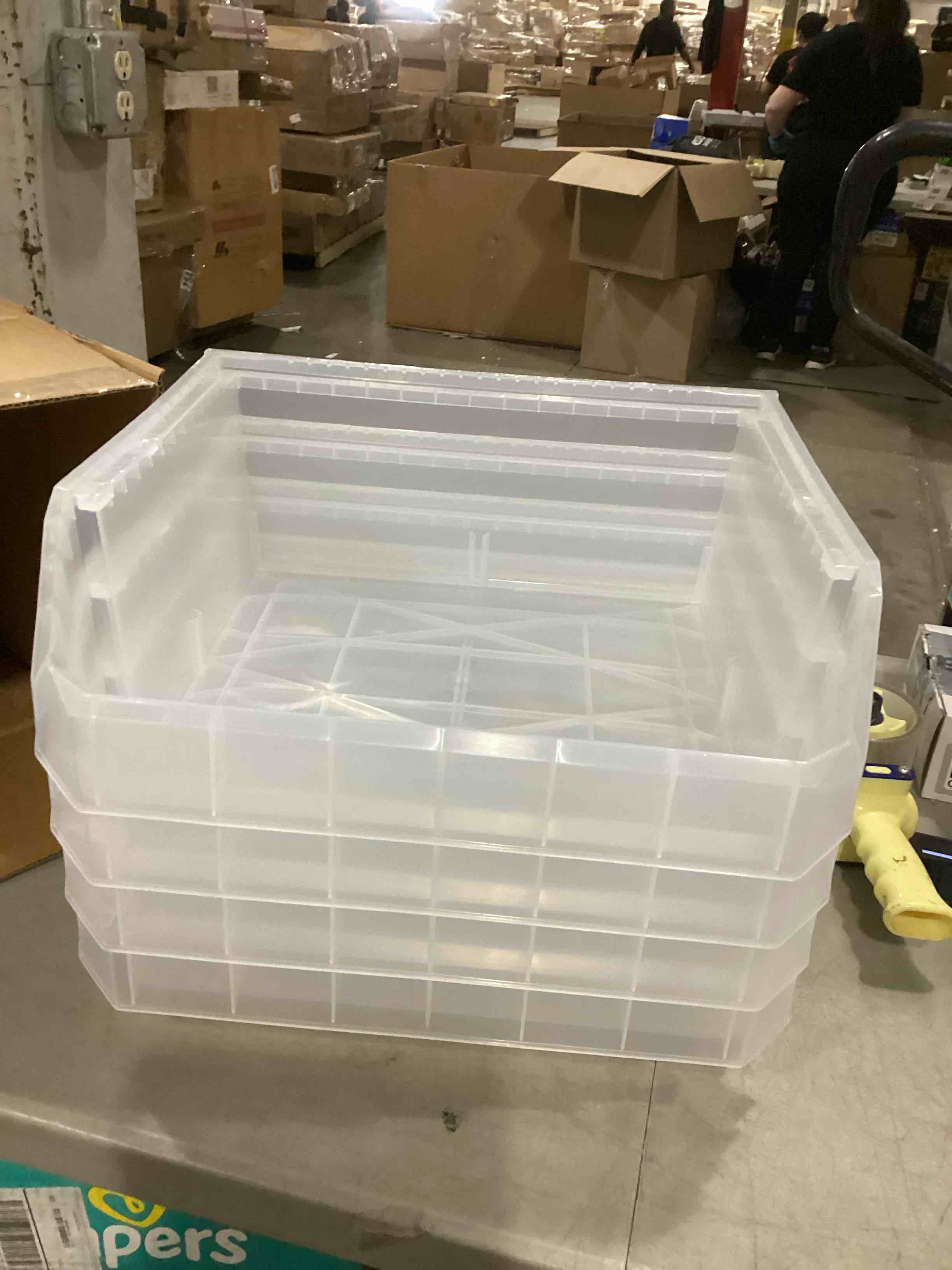 Condition photo showing Good Condition for Plastic Containers for Organizing and Storage Bins for Closet, Kitchen, Office, or Pantry Organization, Extra Large, 4-Pack, Clear
