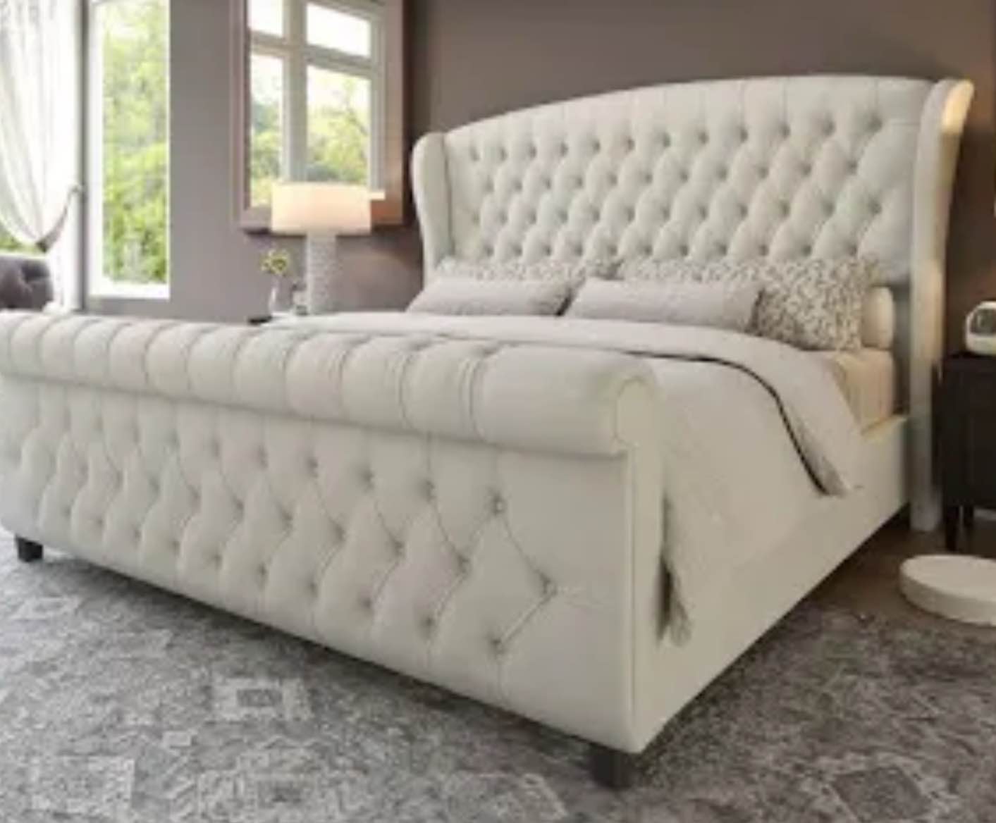 ( similar ) Dulane Chenille / Velvet Upholstered Sleigh Bed with Scroll Wingback Headboard