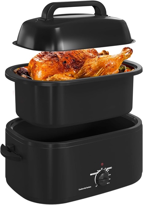 24 Quart Electric Roaster Oven with Visible & Self-Basting Lid, Large Turkey Roaster Oven with Defrost & Warm Function, Adjustable Temperature, Removable Pan & Rack, Stainless Steel, Black 24QT Black