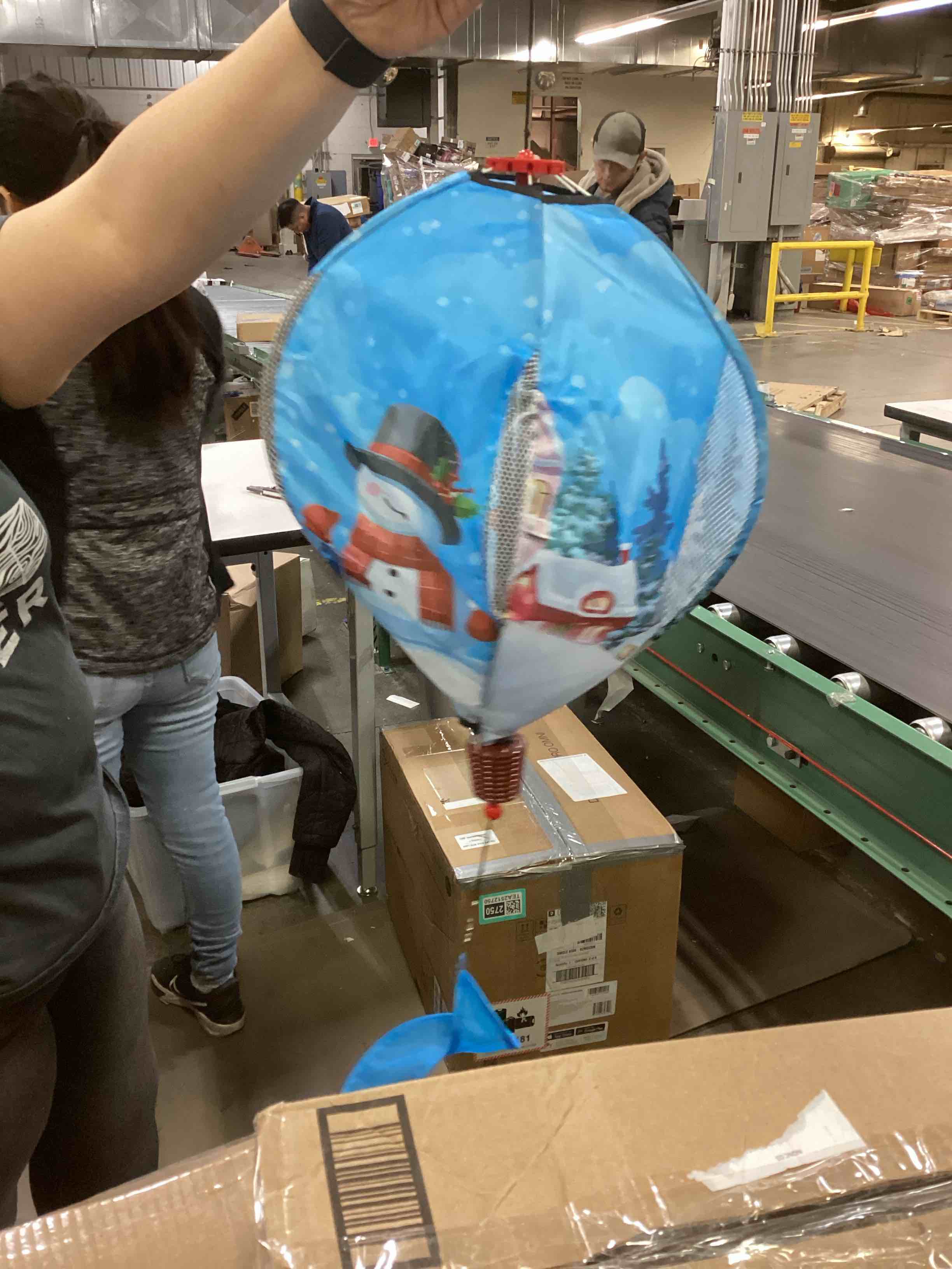 Condition photo showing As Is for 2pcs 59 Inch Christmas Hot Air Balloon Wind Spinners Giant Snowman Santa Wind Spinner Hanging Twisted Windmill for Outdoor Garden Yard Decoration