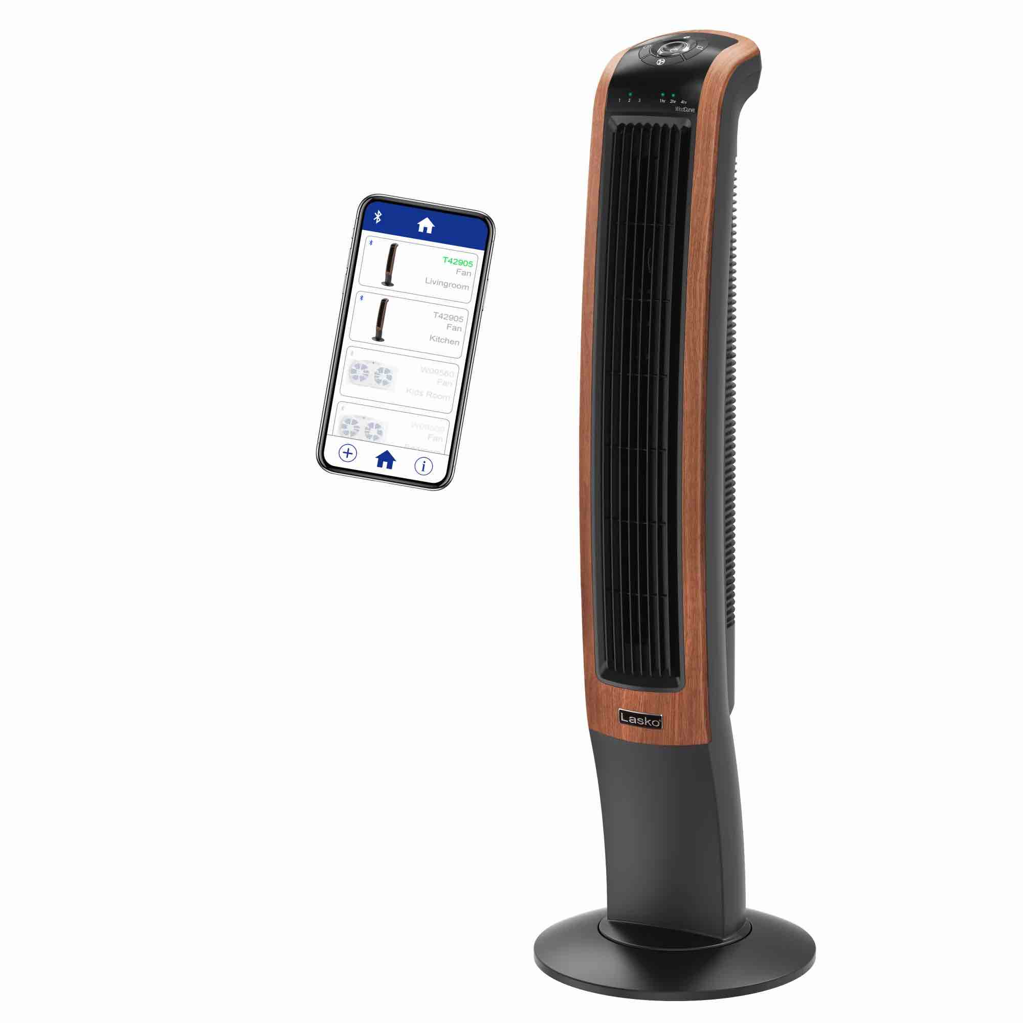 lasko 42" wind curve 3-speed oscillating tower fan with bluetooth® technology, t42905, woodgrain