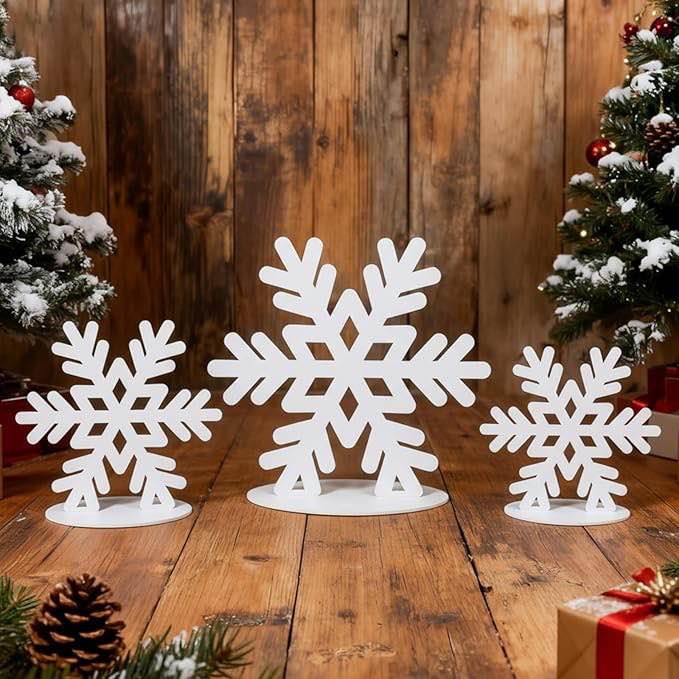 aceorbit 3 pcs wooden snowflake decor 12"/15"/19" large christmas centerpieces winter table decor 3d