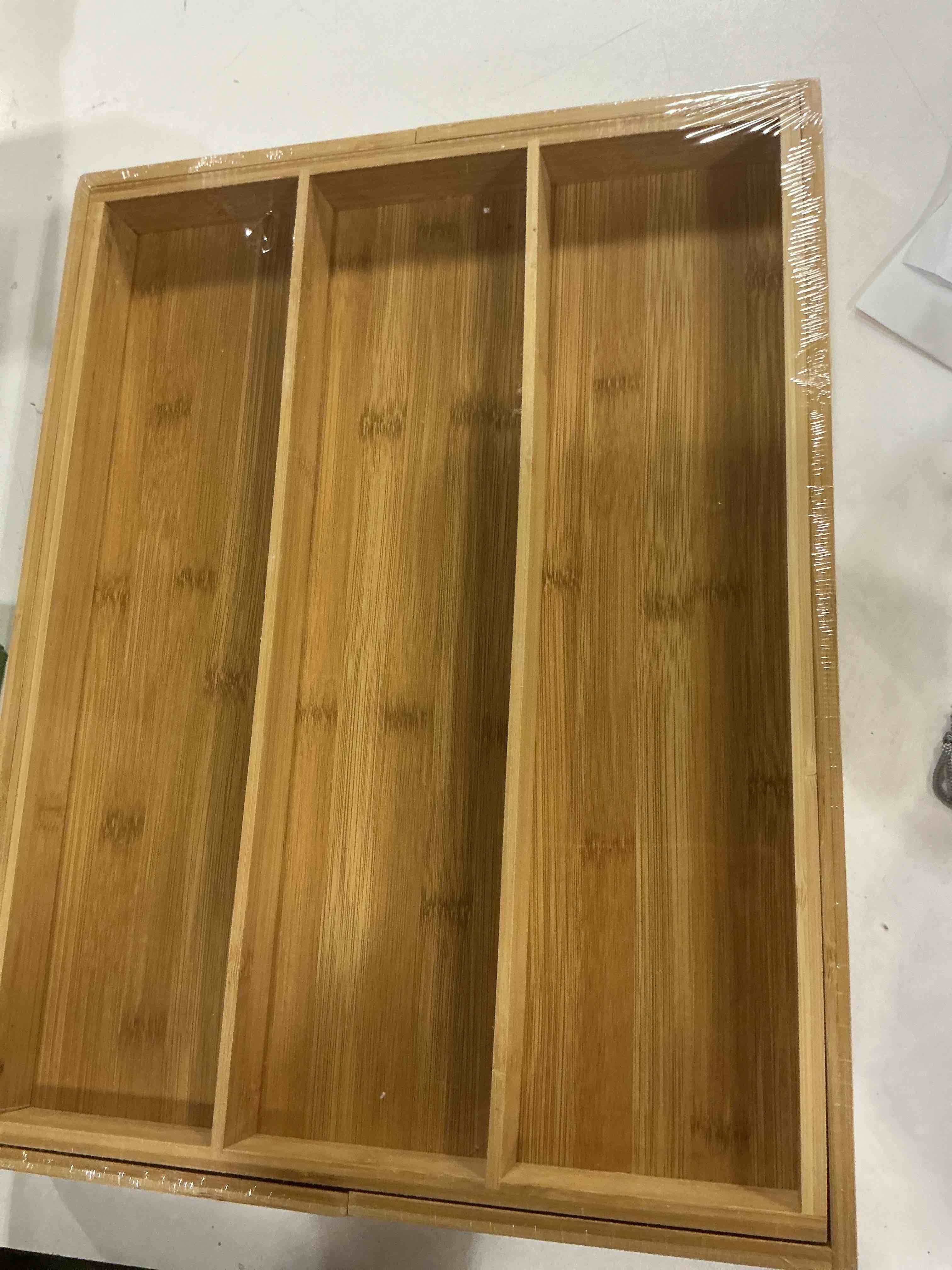 Condition photo showing New/Like New for Purawood Kitchen Drawer Organizer - Expandable Utensil Drawer Organizer for Kitchen, Cutlery Tray & Silverware Organizer, 3-5 Slots - Bamboo Organizer for Utensils & Flatware (Natural) Natural 5 Slot