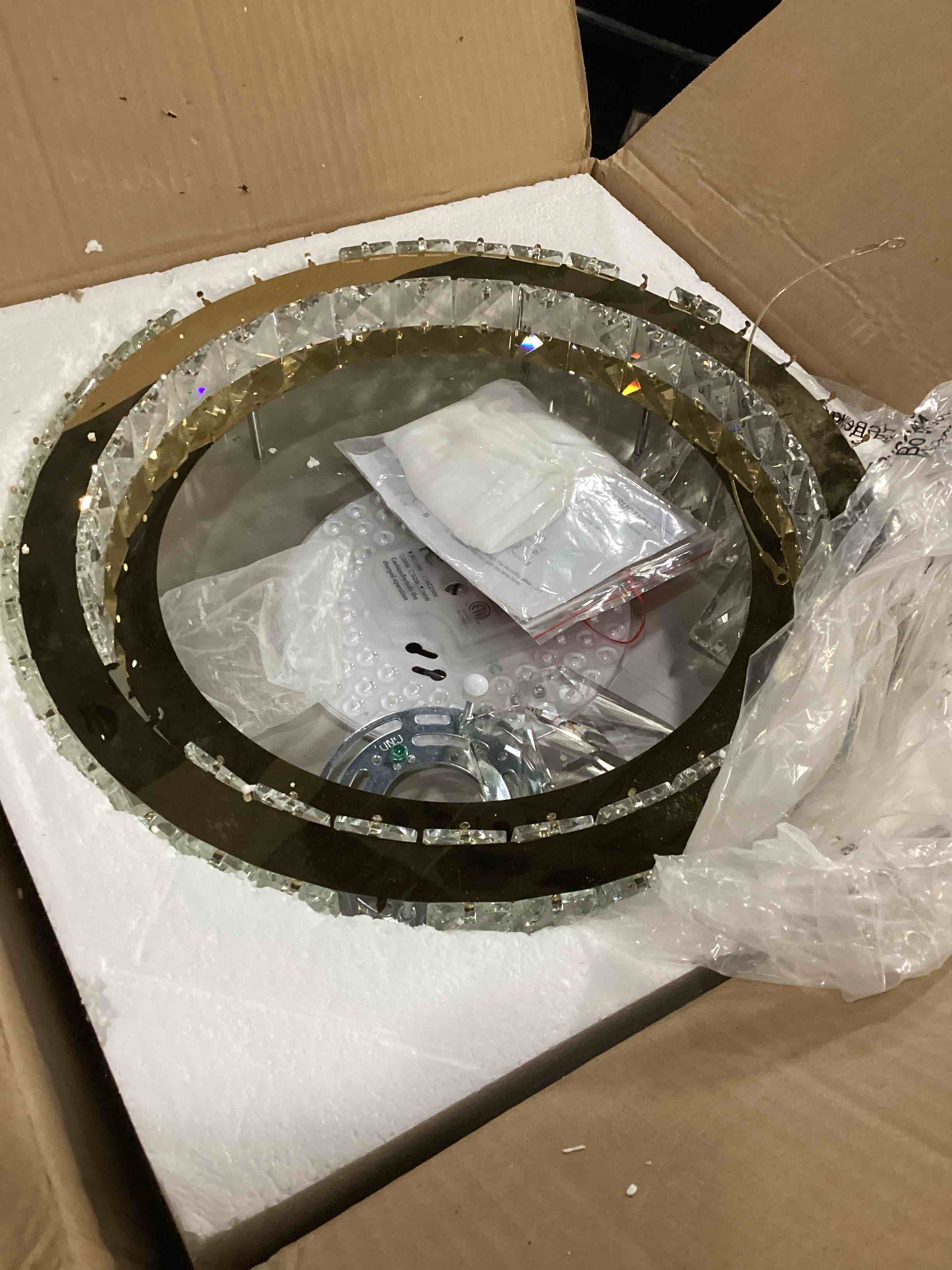Condition photo showing As Is for (Defective )Gisisee 15 Inch Gold Modern Crystal Flush Mount Chandelier,Large Dimmable LED 5CCT 3000K-6000K 36W R