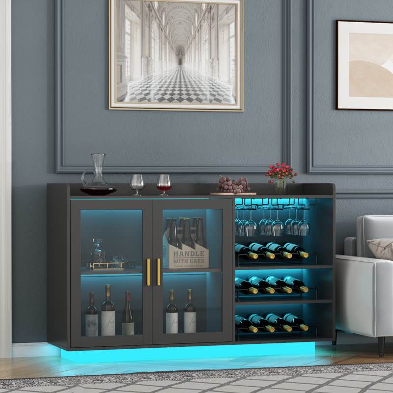 47.24'' Wine Bar Cabinet with LED Lights, Floating Coffee Bar with Glass Rack and Removable Wine Racks, Modern Buffet Sideboard with Storage Shelves, Kithchen Bar with Glass Cabinet Doors