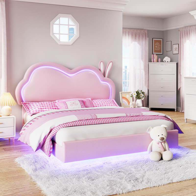 Zoomie Kids Floating Bed Frame with Adjustable LED Headboard and Leather Upholstered