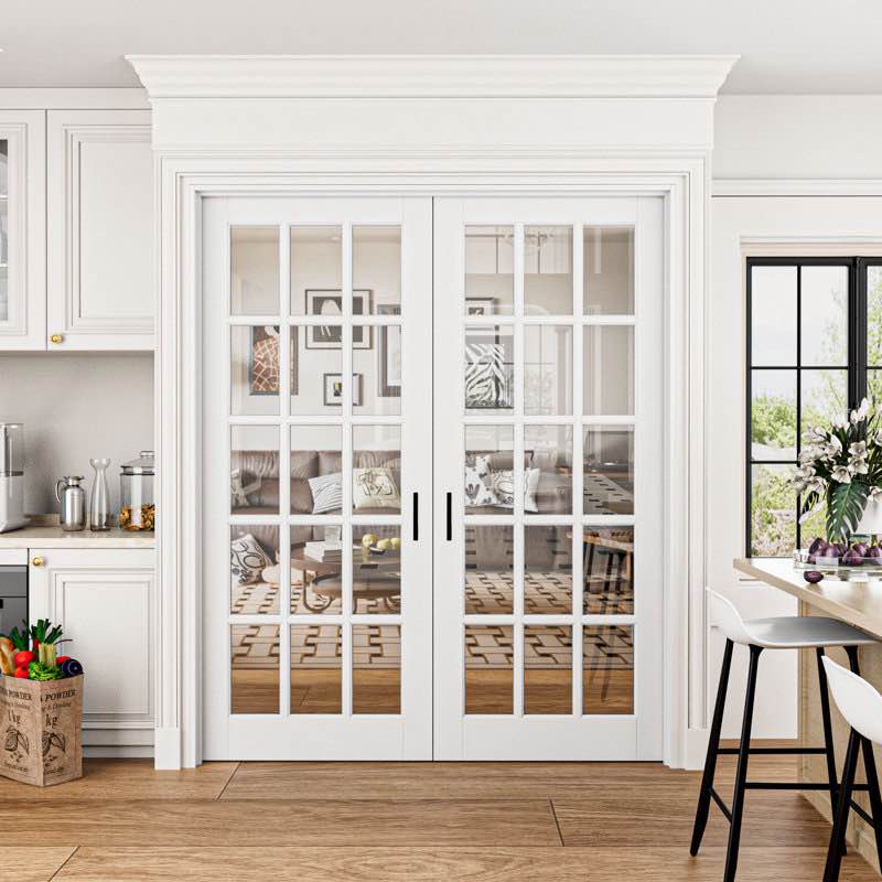 15-lite clear glass french doors interior white primed solid core pantry door with jamb / handles