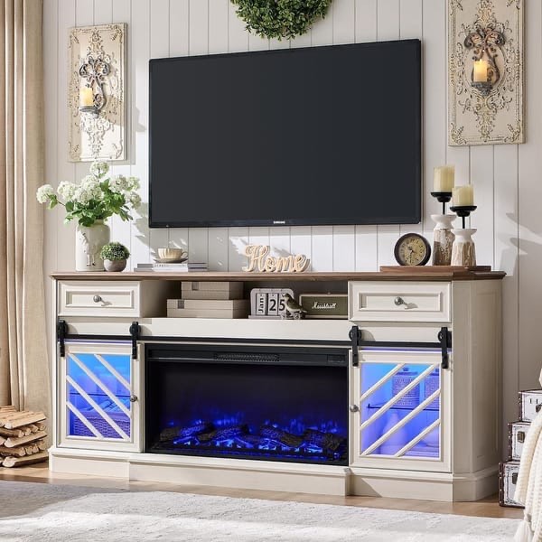 farmhouse fireplace tv stand for 85 inch tv, entertainment center