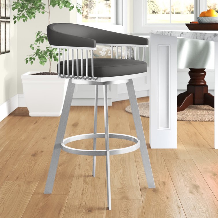 Robinett Swivel Counter or Bar Height Bar Stool with Arms and Footrest in Faux Leather and Metal Seat Height: Counter Stool (26" Seat Height), Color/Pattern: Brushed Stainless Steel, Upholstery: Black