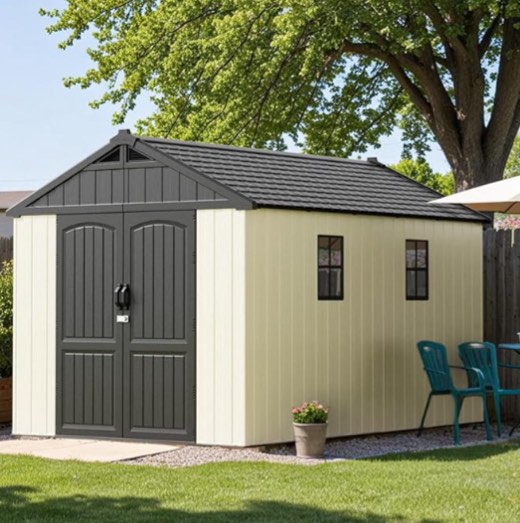 (INCOMPLETE) Patiolife 8x12 FT Resin Outdoor Storage Shed with Floor, Plastic Shed with Window and Lockable Door, Ideal for Garden, Backyard and Tool Storage, Easy Installation in Beige