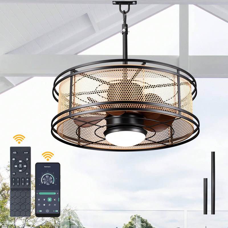 23In. Outdoor Farmhouse Caged Ceiling Fan with Light and APP Control, Waterproof Plug In Smart Ceiling Fan with Hook For Patios
