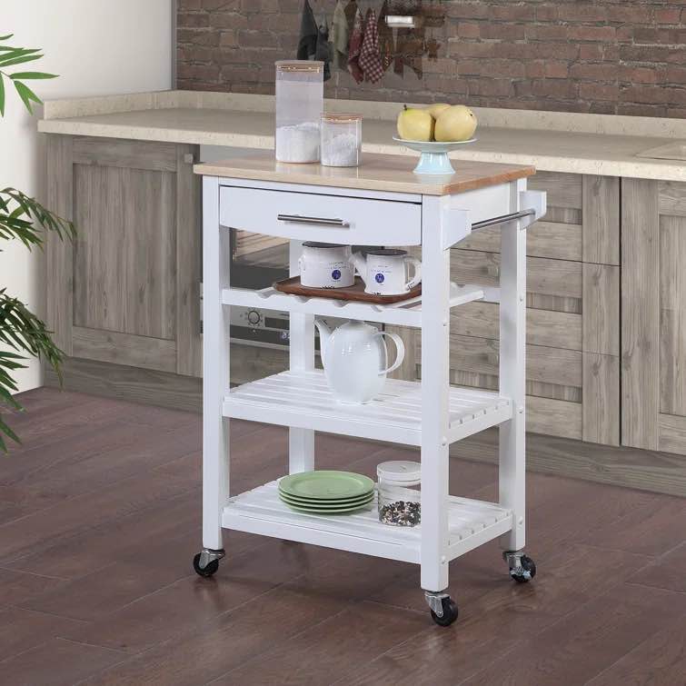 Michelle 4 Tier Butcher Block Kitchen Cart with Drawer and Wine Rack