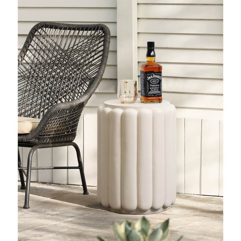 Ivory White Pillar Round 17-Inch Tall Cement Side Table, Indoor and Outdoor