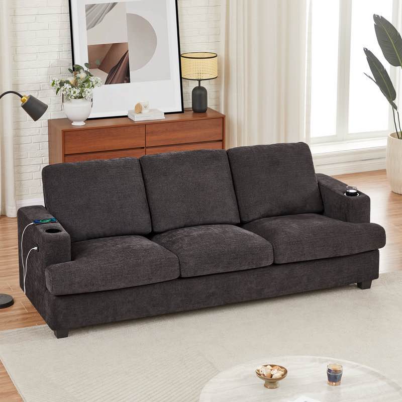 (incomplete)89 chenille square arm sofa with usb charging ports & cup holder 