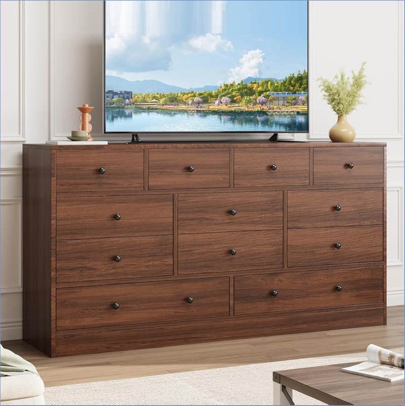 61 inch drawer dresser for bedroom,12 drawer dressers & chests of drawers, wood storage drawer dresser with power outlet color: brown
