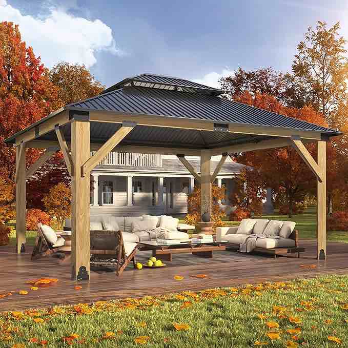 (incomplete) 13’x15’ Outdoor Wooden Gazebo - Patio Galvanized Steel Wood Gazebo with Double Vented Roof, Heavy-Duty Cedar Gazebos for Garden, Lawn, Backyard Deck, Poolside